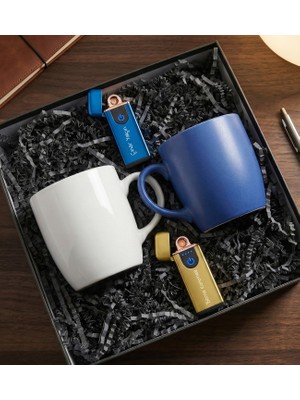 vegahediye v vega Kişiye Özel 2'li Mavi & Sarı USB Çakmak & 2'li Mavi & Beyaz Kupa Hediye Seti (Mavi-Sarı)