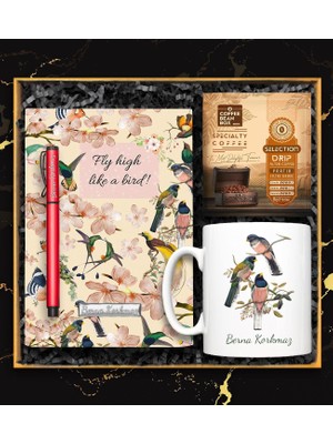 vegahediye v vega Kişiye Özel Tasarım Kupa & Kuş Desenli Defter & Kırmızı Roller Kalem & Pratik Filtre Kahve Hediye Seti