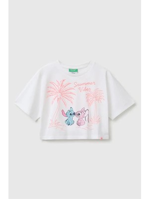 United Colors Of Benetton Kız Çocuk Lilo & Stitch Baskı Detaylı Crop T-Shirt Beyaz 6-13 Yaş