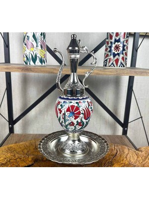 Çini Evi Kırmızı Lale ve Karanfil Motifli Gümüş Kaplama Iznik Çini Ibrik Seti