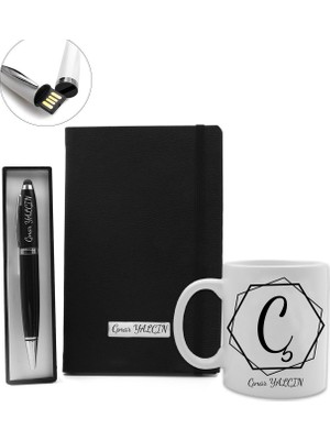 vegahediye v vega Kişiye Özel Tasarımlı Siyah Defter & Kişiye Özel Siyah 32GB USB Touchpen Kalem & Isme Özel Kupa Hediye Seti (Model 1)