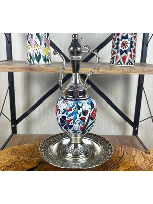 Çini Evi Lacivert Karanfil ve Kırmızı Lale Motifli Gümüş Kaplama Iznik Çini Ibrik Seti