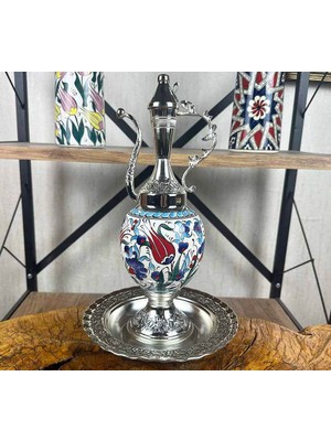 Çini Evi Mavi Karanfil ve Kırmızı Lale Motifli Gümüş Kaplama Iznik Çini Ibrik Seti