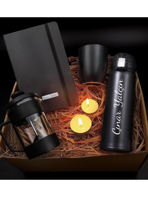 vegahediye v vega Kişiye Özel 400 Ml. Kilitli Çelik Termos & French Press & Defter & Kupa & 2 Adet Mum Hediye Seti (Model 1)
