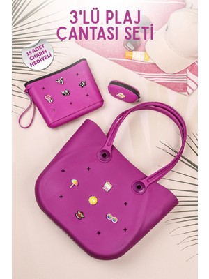 Nandy Home 3’lü Plaj Çantası Seti Büyük Boy Silikon Çanta + Makyaj Çantası + Mini Cüzdan