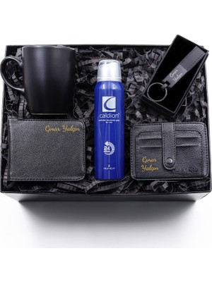 vegahediye v vega Kişiye Özel Cüzdan & Erkek Deodorant & Kartlık & Siyah Anahtarlık & Siyah Kupa Hediye Seti