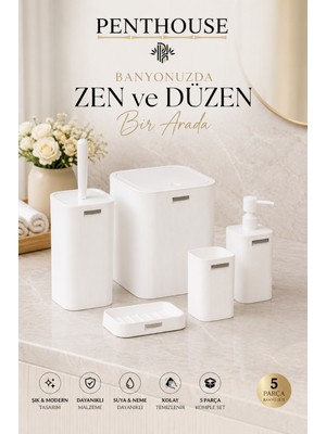 Penthouse Kare Çizgili 5'li Banyo Seti Çöp Kovası Tuvalet Fırçası Sıvı Sabunluk Diş Fırçalık Sabunluk
