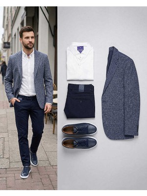 Beystil Erkek Lacivert Slim Fit Düz Keten Pantolon