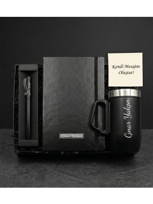 vegahediye v vega Kişiye Özel Ofis Hediye Seti ( Isme Özel Siyah Bardak Termos & Isme Özel Siyah Defter & Isme Özel Roller Kalem) Kurumsal Welcome Kit Hediye (Model 1)