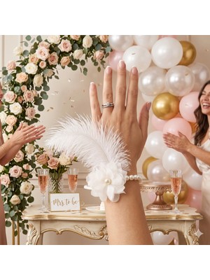 Dodomar 2 Adet Bride Incili Kurdele Çiçekli Tüylü Beyaz Bileklik Bekarlığa Veda Aksesuarı