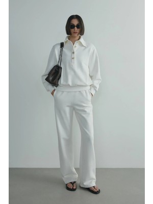 Suud Collection Ekru Polo Yaka Düğmeli Sweatshirt