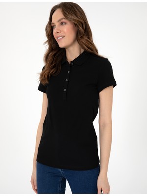 Pierre Cardin Kadın Siyah Slim Fit Pamuklu Polo Yaka Basic Tişört 50325456-VR046