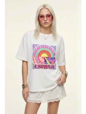 Hoxie Kadın Beyaz Retro "españa" Baskılı Bisiklet Yaka Oversize Tişört