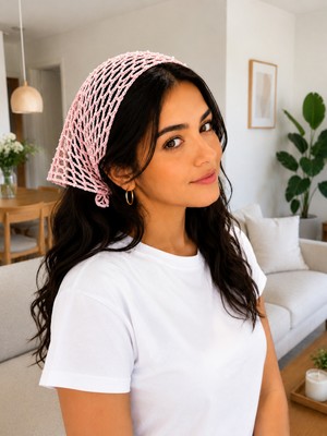 Hayalet El Örgüsü Boncuklu File Model Örgü Bandana  – %100 Pamuk İp Mini İnci Detaylı Üçgen Saç Bandanası