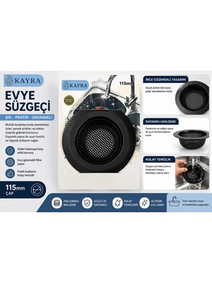 Kayra Evye Süzgeci 115 mm Siyah Lavabo Gider Süzgeci Mutfak Evyesi Atık Tutucu Filtre