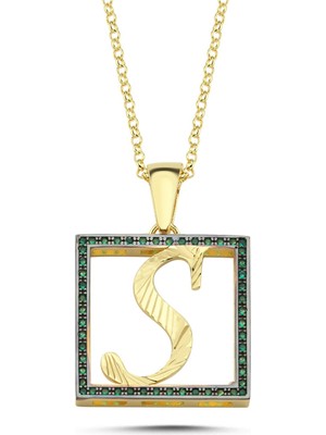 Silverize S Harfli Yeşil Taşlı 14 Ayar Altın Kaplama Kolye HR20