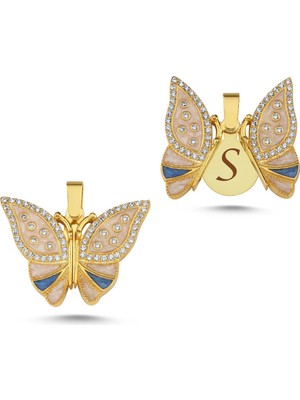 Silverize Taşlı Kelebek Açılır Kapanır Altın Kaplama Kolye Ucu Klu3