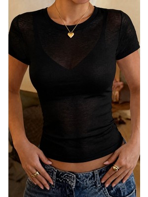 Tarz Cool Kadın Flamlı Transparan Basic T-Shirt – Slim Fit Kısa Kol Günlük Üst