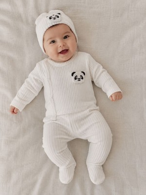Kız ve Erkek Zıbın Bebek Yandan Çıt Çıtlı Panda Desenli 3'lü Takım Set