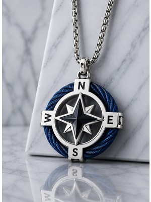 Voyage Accessory Paslanmaz Titanyum Çelik Mavi Halat Detaylı Denizci Marine Tasarım Pusula Yıldız Kolye