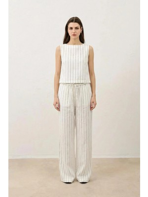 Kylora Ekru Keten Karışımlı Çizgili Kadın Takım