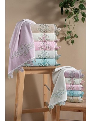 Arliva P@ndor@ Kadife Nakışlı Çeyiz Havlusu Bej 50X85