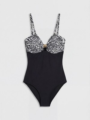 LC Waikiki Siyah V Yaka Zebra Desenli Kadın Mayo