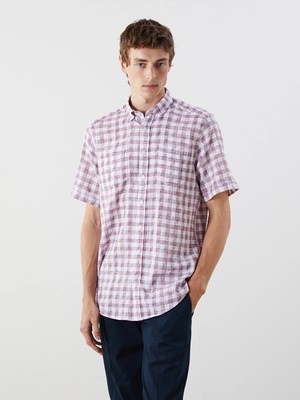 LC Waikiki Bordo Regular Fit Kısa Kollu Ekose Armürlü Erkek Gömlek