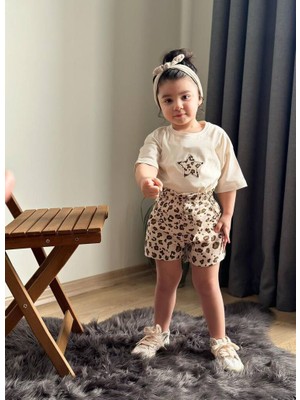 Butik Kız Çocuk Leopar Desenli Şortlu 2'li Alt - Üst Takım