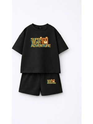 Fasardi Super Bear Adventure Süper Ayı Baskılı Oversize %100 Pamuk Tişört Şort 2li Çocuk Takım