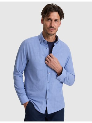Pierre Cardin Erkek Mavi %100 Pamuk Keten Görünümlü Slim Fit Uzun Kollu Gömlek 50325355-VR036