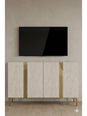 Ceneyra KA1298BTG Anka Konsol ve Tv Sehpası Beyaz-Traverten-Gold 120CM