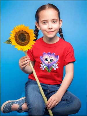 Widi Sevimli Renkli Çiçek Baskılı Regular Fit %100 Pamuk Çocuk Kırmızı T-Shirt