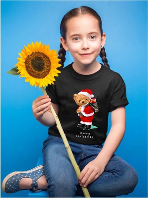 Widi Sevimli Ayıcık Baskılı Merry Chirstmas Yılbaşı Noel Baba Regular Fit %100 Pamuk Çocuk Siyah T-Shirt