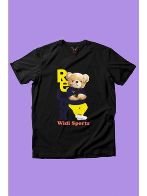 Widi Sevimli Relax Tedy Ayı Baskılı %100 Pamuk Kız Çocuk Erkek Çocuk Siyah T-Shirt