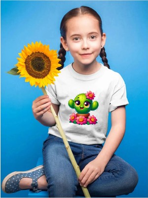 Widi Sevimli Kaktüs Baskılı %100 Pamuk Çocuk Beyaz T-Shirt