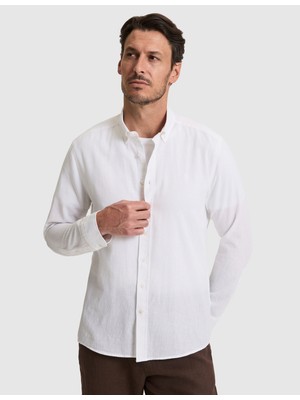 Pierre Cardin Erkek Beyaz Keten Karışımlı Regular Fit Uzun Kollu Gömlek 50325356-VR013