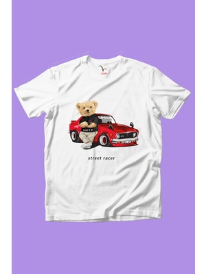 Widi Sevimli Ayıcık Baskılı Arabalı Ayıcık Kız Çocuk Erkek Çocuk %100 Pamuk Beyaz T-Shirt