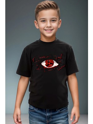 Widi Anime Naruto Itachi Gözü Baskılı Premium Kız Çocuk Erkek Çocuk Siyah T-Shirt