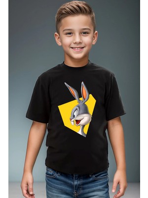 Widi Tavşan Baskılı Premium Kız Çocuk Erkek Çocuk Siyah T-Shirt