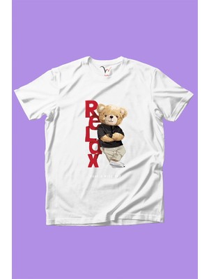 Widi Relax Ayı Tedy Sevimli Cool Ayıcık Baskılı %100 Pamuk Erkek Çocuk Kız Çocuk Beyaz T-Shirt