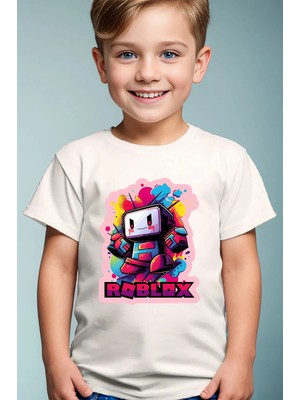 Widi Roblox Yazılı Renkli Karakter Baskılı %100 Pamuk Premium Erkek Çocuk Kız Çocuk Beyaz T-Shirt