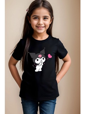 Widi Sevimli Kuromi Baskılı %100 Pamuk Erkek Çocuk Kız Çocuk Yüksek Kaliteli Premium Siyah T-Shirt