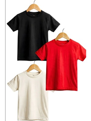 Widi Regular Fit %100 Pamuk Kısa Kollu Çocuk 3'lü T-Shirt (Kırmızı,ekru ,siyah)