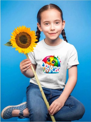 Widi Renkli Şemsiye Baskılı Yağmur Damlaları %100 Pamuk Çocuk Beyaz T-Shirt