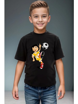Widi Futbol Topu ve Vole Futbolcu Baskılı Pamuk Premium Erkek Çocuk Kız Çocuk Siyah T-Shirt
