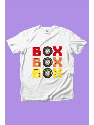 Widi Box Box Box Yazılı Araba Tekerleği Detaylı F1 Yarış Kız Çocuk Erkek Çocuk Beyaz T-Shirt