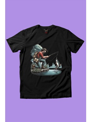 Widi Balıkçı Olta ile Balık Tutmak Deniz ve Kamp Baskılı %100 Pamuk Premium Erkek Çocuk Kız Çocuk T-Shirt