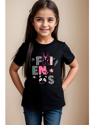 Widi Yazı Baskılı Panda ve Tavşan Detaylı Kız Çocuk Erkek Çocuk Siyah T-Shirt