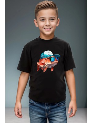 Widi Hunter Avcılık Balık Avcılığı Deniz Baskılı Şapkalı Balık %100 Pamuk Erkek Çocuk Kız Çocuk T-Shirt